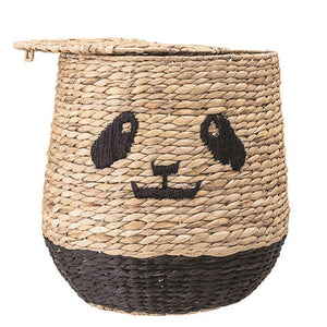 Bloomingville Storage and Organization Bloomingville Hand-Woven Rattan Basket w/ Lid & Panda Face, Natural & Black