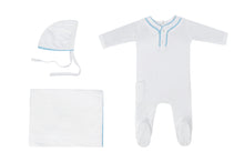Load image into Gallery viewer, Cadeau Baby 3 Months / Blue Trim Velour Trimmed Footie Set by Cadeau Baby
