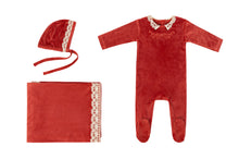 Load image into Gallery viewer, Cadeau Baby 3 Months / Crimson Lace Trimmed Velour Footie by Cadeau Baby