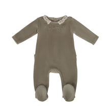 Load image into Gallery viewer, Cadeau Baby 3 Months / Green Lace Trimmed Velour Footie by Cadeau Baby