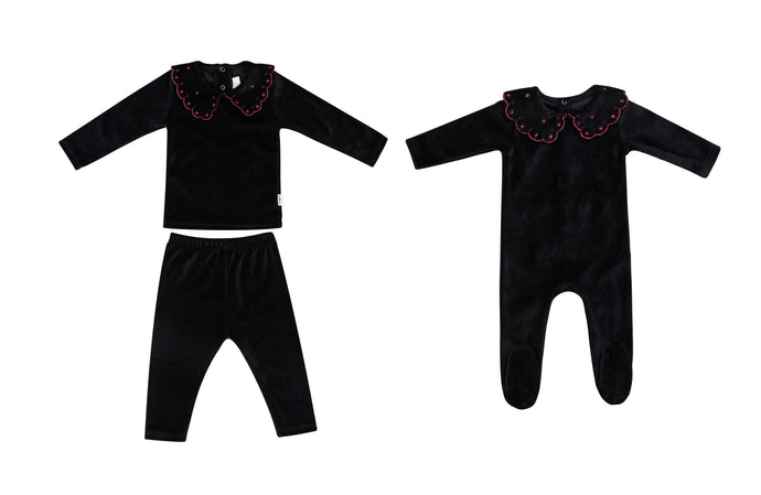 Cadeau Baby 9 Months Embroidered Black Velour 2 Piece Girls by Cadeau Baby