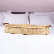 Load image into Gallery viewer, Design Dua. Baby Natural w/ Tan Leather Handles / Pad Only / Ships by Dec 1st Design Dua Handwoven Changing Basket: Natural