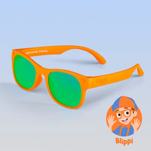Load image into Gallery viewer, ro•sham•bo eyewear Bayside Baby (Ages 0-2) / Polarized Mirrored (Green) Lens / Blippi Orange Frame Blippi Shades for Kids