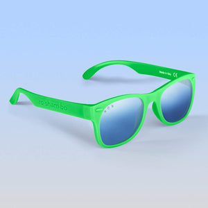 ro•sham•bo eyewear Bayside Polarized Mirrored (Chrome) Lens / Bright Green Frame Slimer Shades | Junior