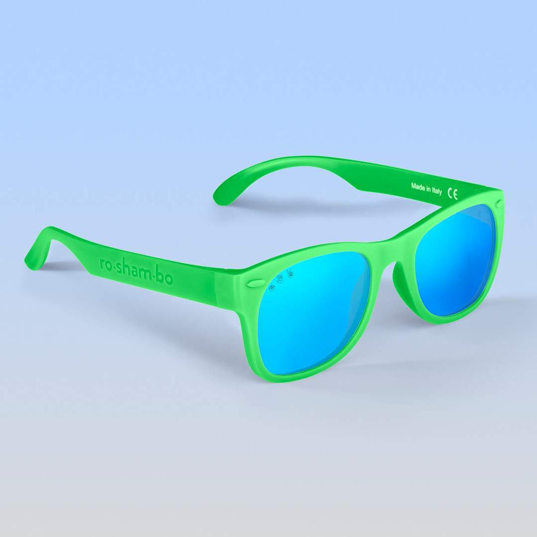 ro•sham•bo eyewear Bayside S/M / Polarized Mirrored (Blue) Lens / Bright Green Frame Slimer Shades | Adult
