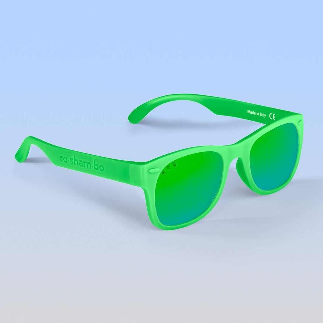 ro•sham•bo eyewear Bayside S/M / Polarized Mirrored (Green) Lens / Bright Green Frame Slimer Shades | Adult