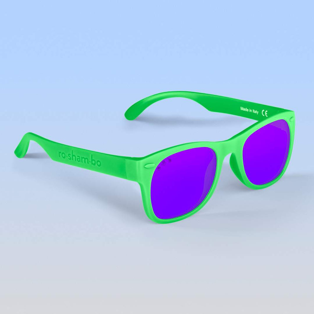 ro•sham•bo eyewear Bayside S/M / Polarized Mirrored (Purple) Lens / Bright Green Frame Slimer Shades | Adult