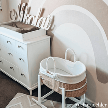 Load image into Gallery viewer, Design Dua. Bilia Bassinet White Leather Handles Natural Basket w/ Foam Pad Design Dua Signature Bilia Bassinet- Natural (White Leather)