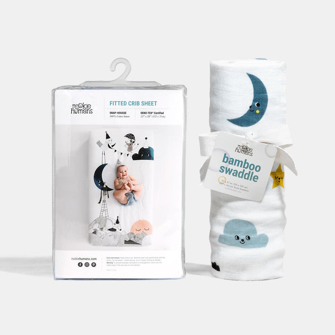 Rookie Humans Crib sheet and Swaddle bundle - Moon's Birthday