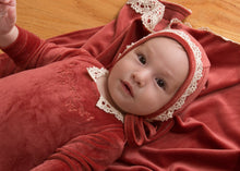 Load image into Gallery viewer, Cadeau Baby Lace Trimmed Velour Footie by Cadeau Baby