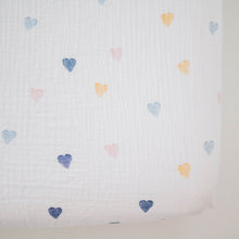 Load image into Gallery viewer, Design Dua. Multi Hearts Design Dua Waterproof Cotton Crib Sheet - Muslin Hearts