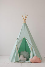 Load image into Gallery viewer, moimili.us Set Teepee with mat “Mint Fog” Teepee with Pompoms and &quot;Mint and Beige&quot; Round Mat Set