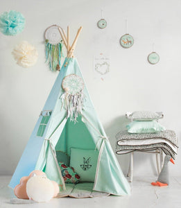 moimili.us Set Teepee with mat “Mint Fog” Teepee with Pompoms and "Mint and Beige" Round Mat Set