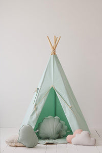 moimili.us Set Teepee with mat Moi Mili “Mint Fog” Teepee with Pompoms and "Mint and Beige" Round Mat Set