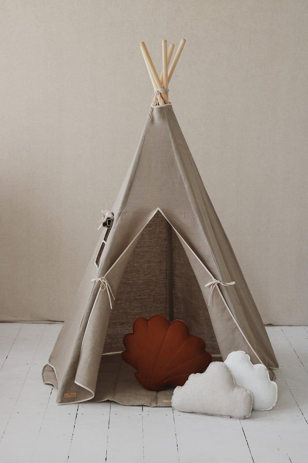 moimili.us Set teepee with mat “Natural Linen” Teepee Tent and Leaf Mat Set