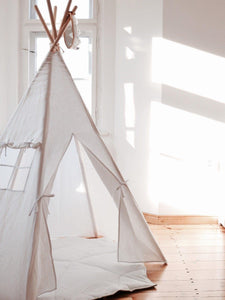 moimili.us Set teepee with mat “White” Linen Teepee Tent and "White and Grey" Leaf Mat Set