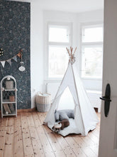 Load image into Gallery viewer, moimili.us Set teepee with mat “White” Linen Teepee Tent and &quot;White and Grey&quot; Leaf Mat Set