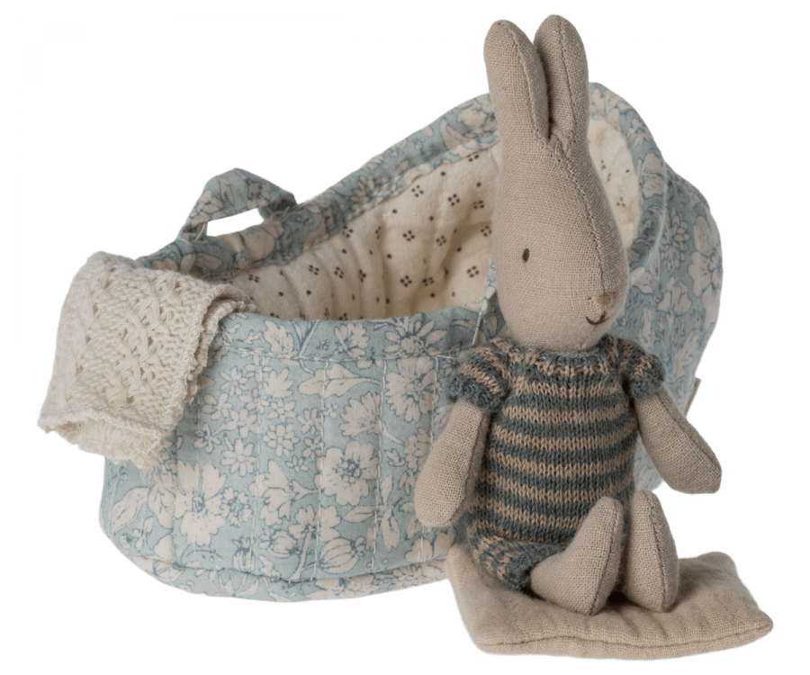 Maileg USA Stuffed Animals Rabbit in Carry Cot, Micro - Blue