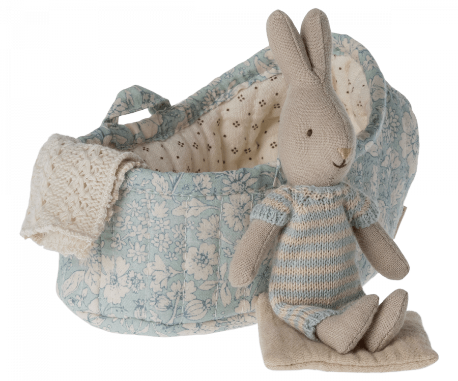 Maileg USA Stuffed Animals Rabbit in Carry Cot, Micro - Mint