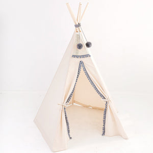 minicamp Teepee Minicamp Kids Teepee In Off-White With Grey Pompoms