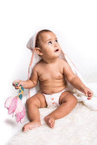 Malabar Baby 3 Pc Newborn Essential Set - Hooded Towel, Swaddle + Toy Rattle