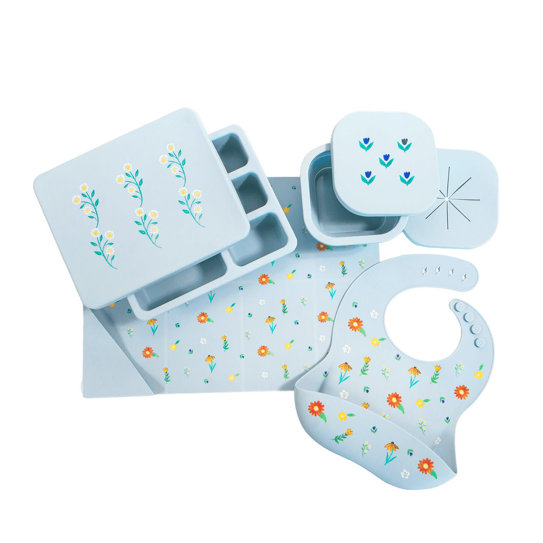 Austin Baby Collection Apparel & Accessories Austin Baby Collection Silicone Mealtime Bundle Wildflower Chambray Blue