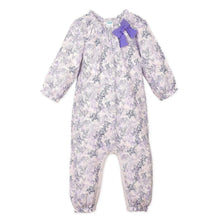 Load image into Gallery viewer, Feather Baby Bow Romper - Charlotte - Violet on White  100% Pima Cotton by Feather Baby