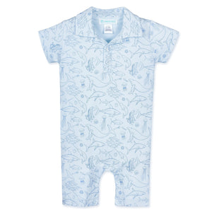 Feather Baby Collared Romper - Deep Ocean Dive on Baby Blue  100% Pima Cotton by Feather Baby