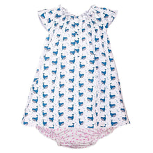 Load image into Gallery viewer, Feather Baby Henley Dress + Bloomer - Fin Whale on White  100% Pima Cotton by Feather Baby