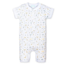 Load image into Gallery viewer, Feather Baby Henley Romper - Palms &amp; Giraffes on White  100% Pima Cotton by Feather Baby