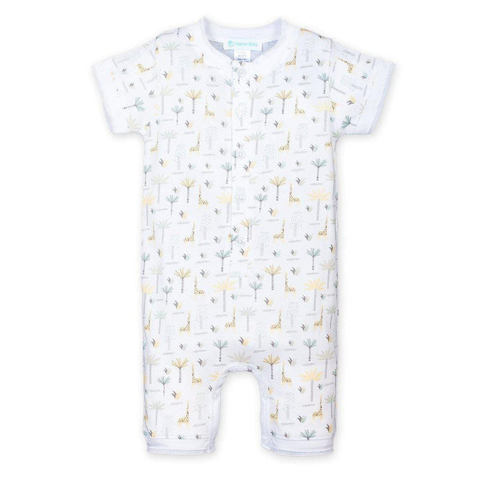Feather Baby Henley Romper - Palms & Giraffes on White  100% Pima Cotton by Feather Baby