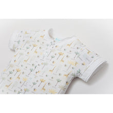 Load image into Gallery viewer, Feather Baby Henley Romper - Palms &amp; Giraffes on White  100% Pima Cotton by Feather Baby