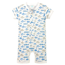 Load image into Gallery viewer, Feather Baby Henley Romper - Skinny Fish on White  100% Pima Cotton by Feather Baby