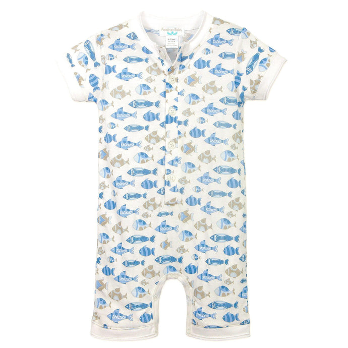 Feather Baby Henley Romper - Skinny Fish on White  100% Pima Cotton by Feather Baby