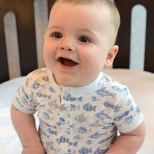 Load image into Gallery viewer, Feather Baby Henley Romper - Skinny Fish on White  100% Pima Cotton by Feather Baby