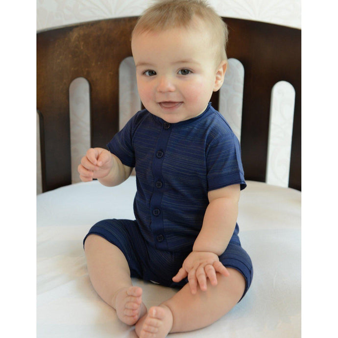 Feather Baby Henley Romper - Stripe on Indigo  100% Pima Cotton by Feather Baby