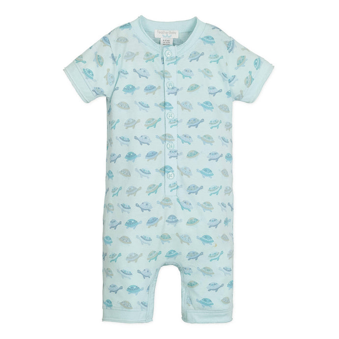 Feather Baby Henley Romper - Turtles on Aqua  100% Pima Cotton by Feather Baby