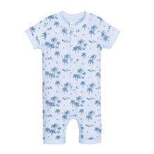Load image into Gallery viewer, Feather Baby Henley Romper - Vintage Hawaii - Indigo on Baby Blue  100% Pima Cotton by Feather Baby