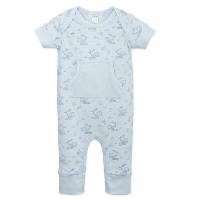 Feather Baby Kangaroo Romper - Sleepy Whales on Baby Blue  100% Pima Cotton by Feather Baby