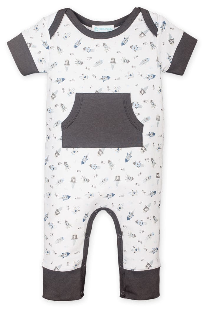Feather Baby Kangaroo Romper - Spaceships on White  100% Pima Cotton by Feather Baby