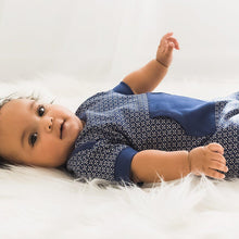 Load image into Gallery viewer, Feather Baby Kangaroo Romper - Tiny Geo on Indigo  100% Pima Cotton by Feather Baby