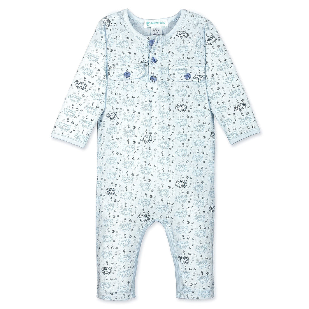 Feather Baby Pocket Long John - Curly Sheep on Baby Blue  100% Pima Cotton by Feather Baby