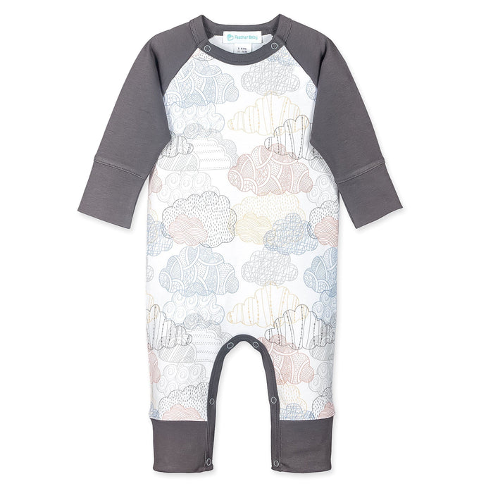 Feather Baby Sailor-Sleeve Long Romper - Colorful Clouds on White  100% Pima Cotton by Feather Baby