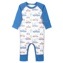 Load image into Gallery viewer, Feather Baby Sailor-Sleeve Romper - Racing Critters  100% Pima Cotton by Feather Baby