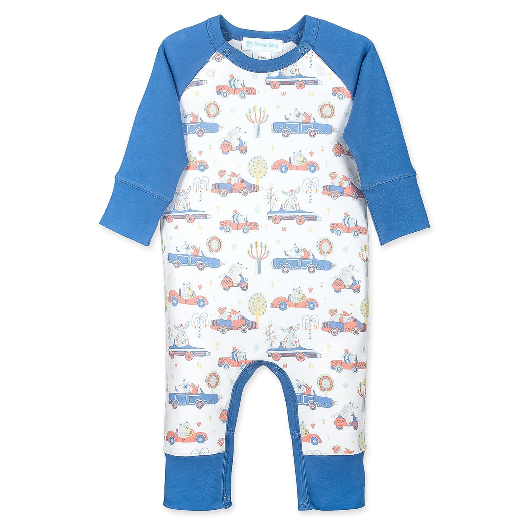 Feather Baby Sailor-Sleeve Romper - Racing Critters  100% Pima Cotton by Feather Baby