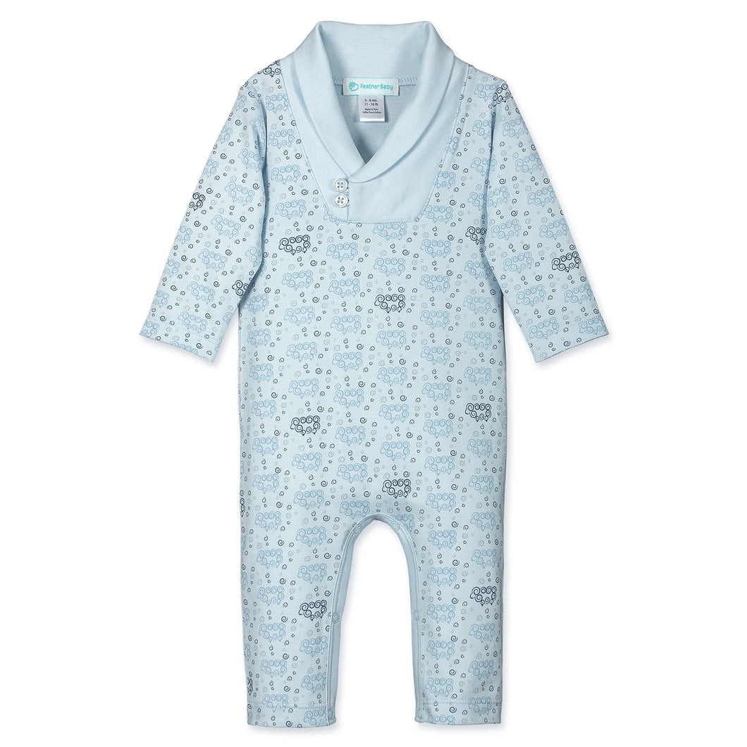 Feather Baby Shawl-Neck Romper - Curly Sheep on Baby Blue  100% Pima Cotton by Feather Baby