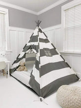 Load image into Gallery viewer, Domestic Objects Toys Grey/White Stripe / Double 53&quot; × 74&quot; Inches Domestic Objects Play Tent Canopy Bed in Cream Canvas with Doors