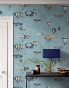 Fornasetti Wallpaper Fornasetti Macchine Volanti Wallpaper - Slate Blue & Gilver
