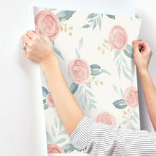 Load image into Gallery viewer, Magnolia Home Wallpaper Magnolia Home Watercolor Roses Sure Strip Wallpaper Double Roll