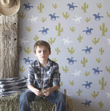 Load image into Gallery viewer, Hibou Home Wallpaper ROLL / Grey/Blue/Green Hibou Home Cactus Cowboy Wallpaper